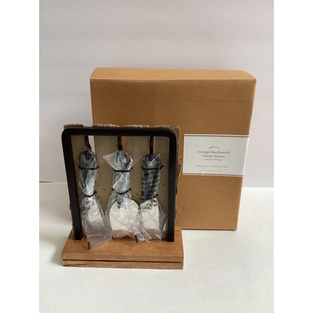 Pottery Barn tabletop vintage blacksmith cheese knives & Stand 4 Piece Set NEW